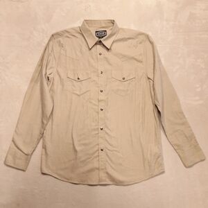 Gibson Mens Long Sleeve Pearl Snap Buttton Shirt M Beige Stripe Fabric Western